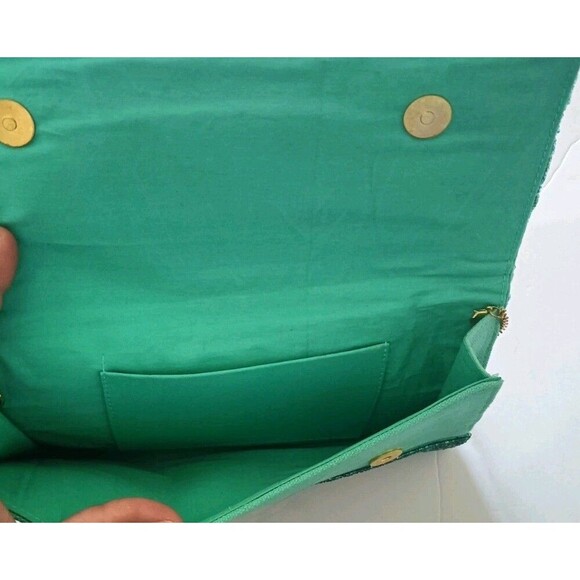 Seed Bead Clutch Bag Blue Red Green Gold Chain Detachable Strap Snap Close - Picture 9 of 10